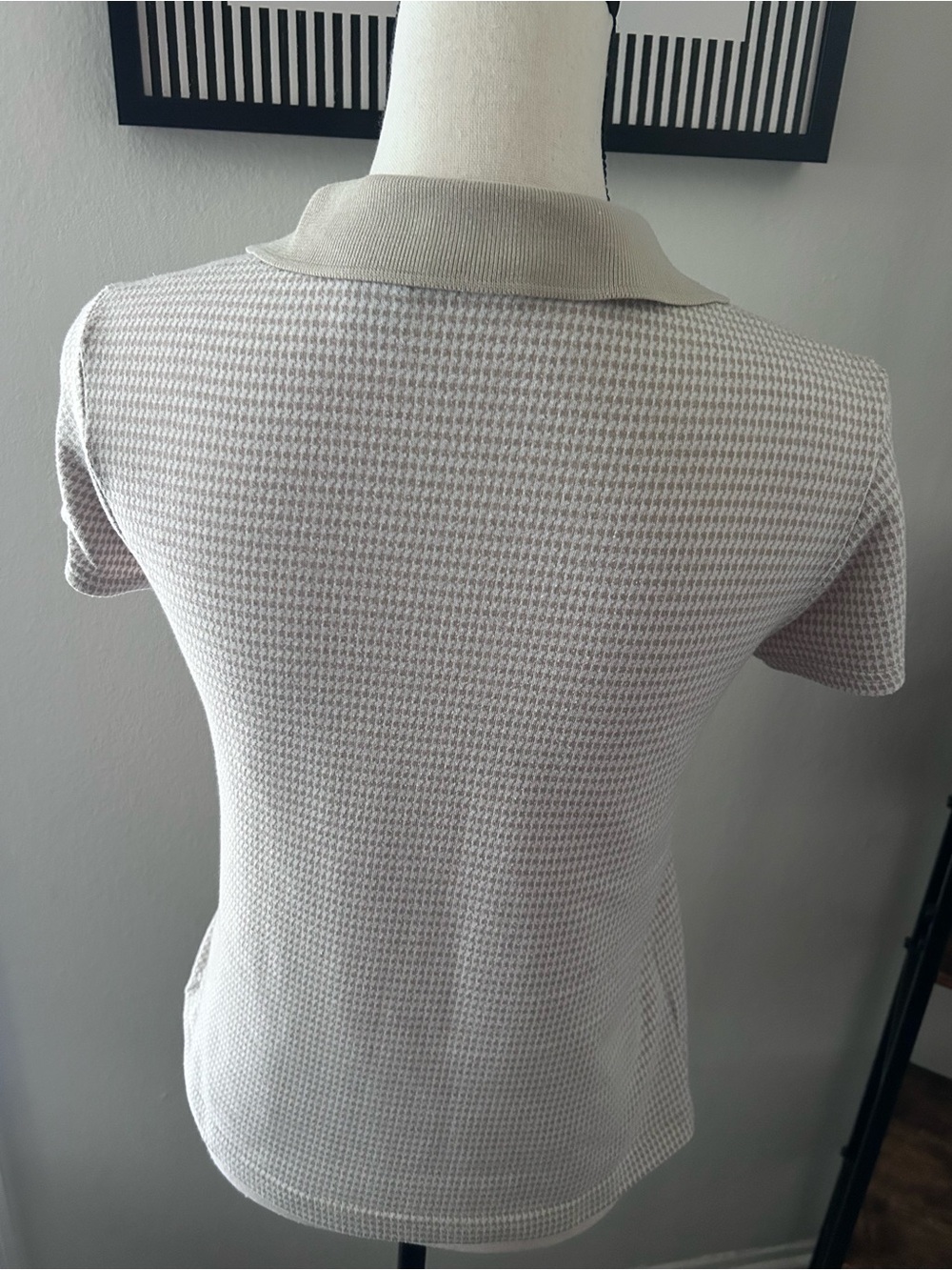 Beige/Cream Collared Houndstooth Polo Top Medium Preppy Tennis Dark Academia - Picture 4 of 8